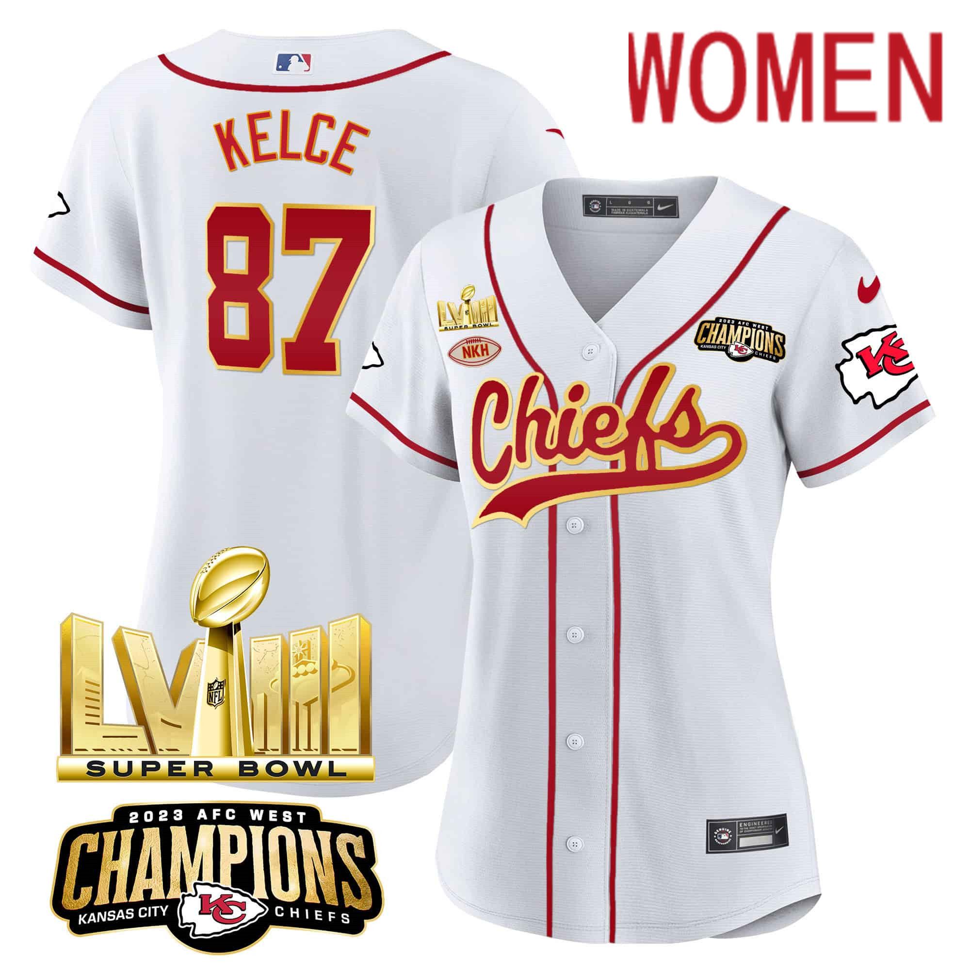 Women Kansas City Chiefs #87 Kelce White 2024 Nike Super Bowl LVIII Back-2-Back Gold Patch Baseball NFL Jersey->customized nfl jersey->Custom Jersey